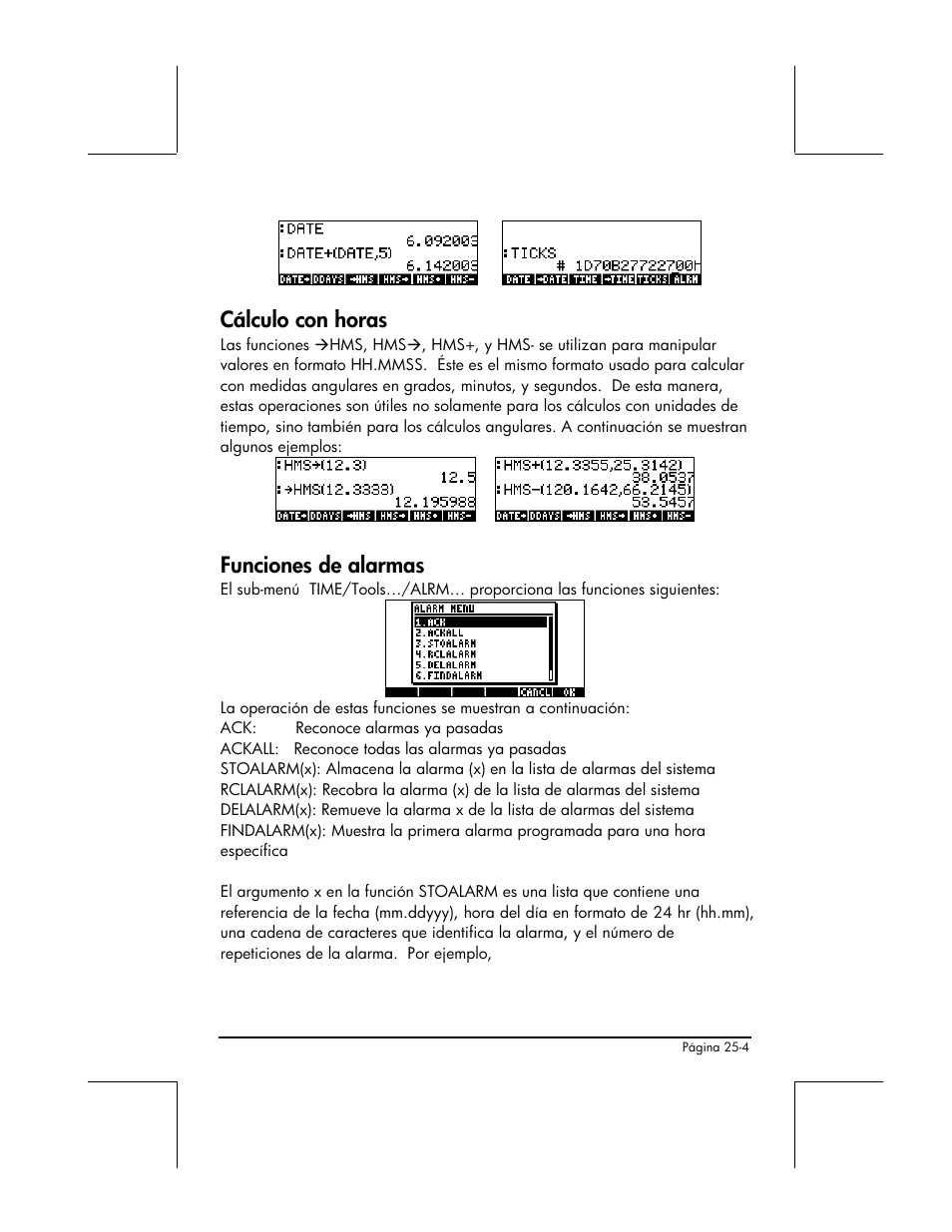 Calculo con horas, Funciones de alarmas, Cálculo con horas | HP 48gII Graphing Calculator User Manual | Page 796 / 892