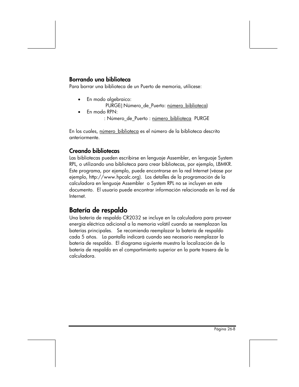 Borrando una biblioteca, Creando bibliotecas, Bateria de respaldo | Batería de respaldo | HP 48gII Graphing Calculator User Manual | Page 805 / 892