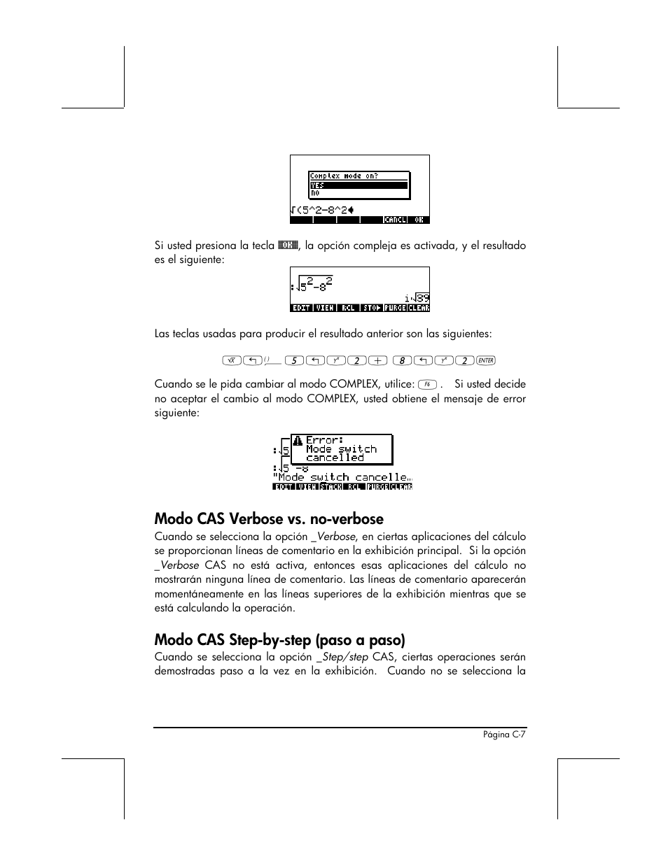 Modo cas verbose vs. no-verbose, Modo cas step-by-step (paso a paso) | HP 48gII Graphing Calculator User Manual | Page 830 / 892