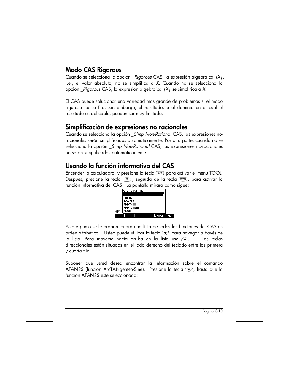 Modo cas rigorous, Simplificación de expresiones no racionales, Usando la función informativa del cas | HP 48gII Graphing Calculator User Manual | Page 833 / 892