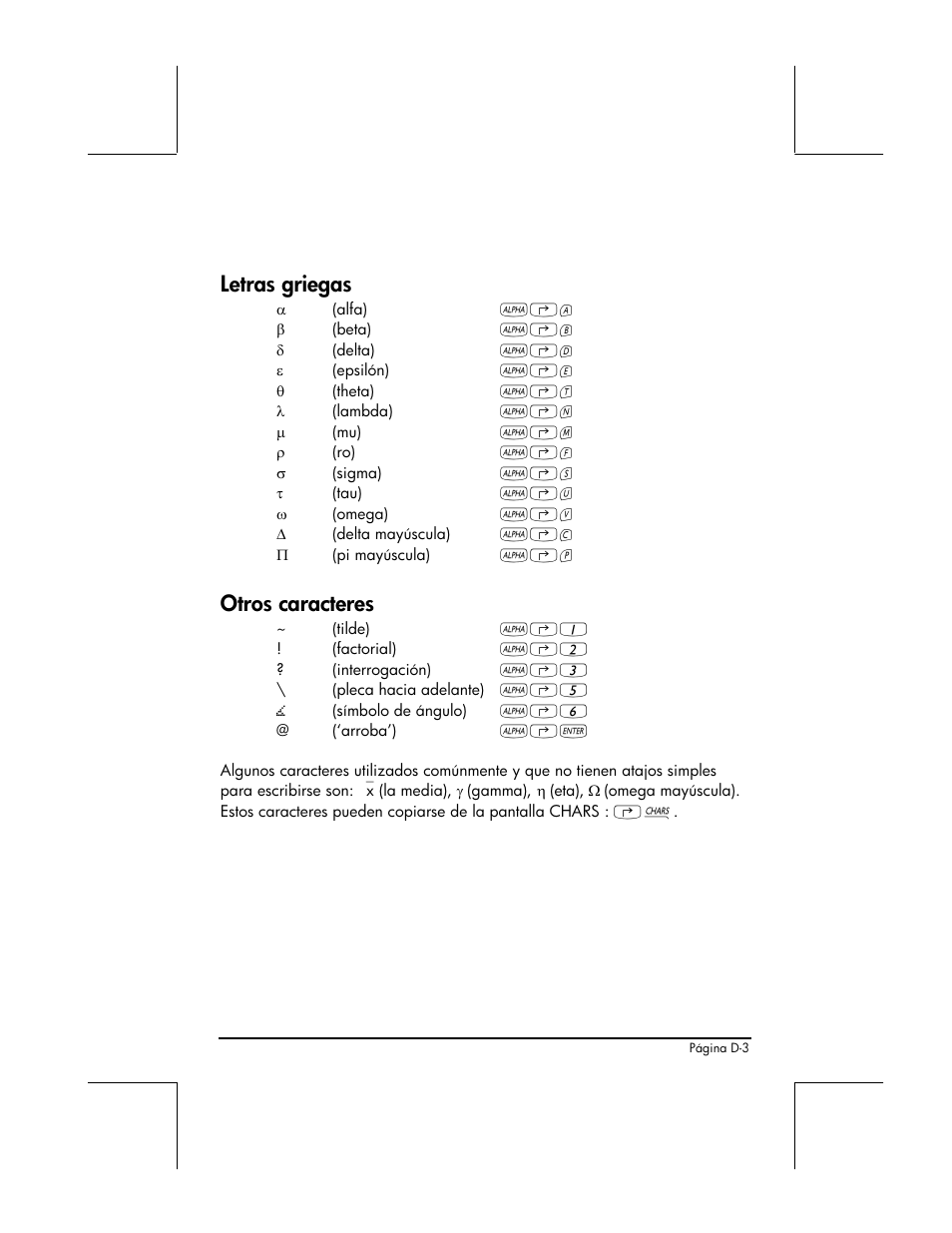 Letras griegas, Otros caracteres | HP 48gII Graphing Calculator User Manual | Page 840 / 892