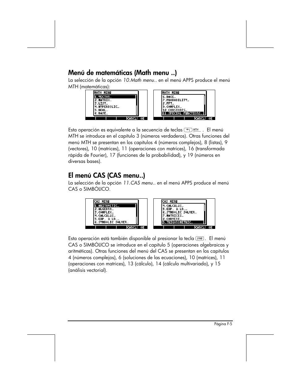 Menú de matemáticas (math menu ..), El menú cas (cas menu..) | HP 48gII Graphing Calculator User Manual | Page 849 / 892