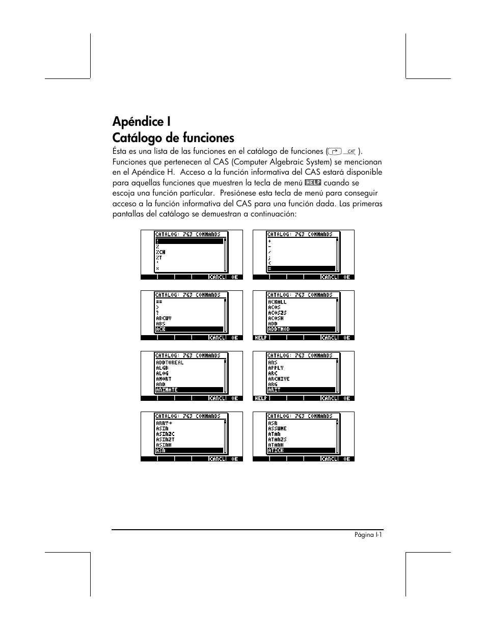 Apendice i - catalogo de funciones, Apéndice i catálogo de funciones | HP 48gII Graphing Calculator User Manual | Page 855 / 892