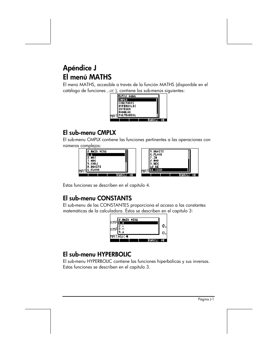 Apendice j - el menu maths, Apéndice j el menú maths, El sub-menu cmplx | El sub-menu constants, El sub-menu hyperbolic | HP 48gII Graphing Calculator User Manual | Page 856 / 892