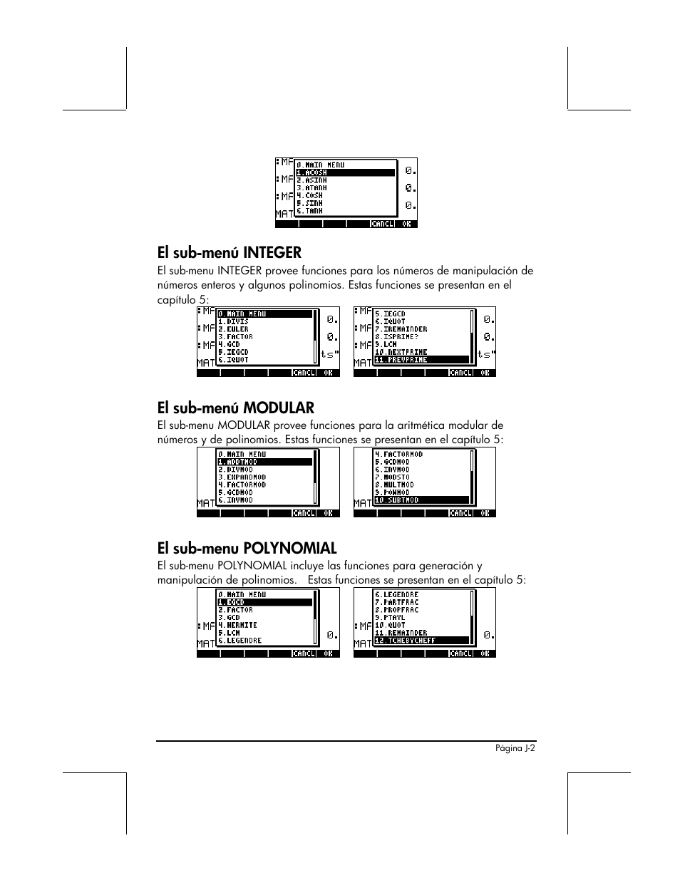 El sub-menú integer, El sub-menú modular, El sub-menu polynomial | HP 48gII Graphing Calculator User Manual | Page 857 / 892