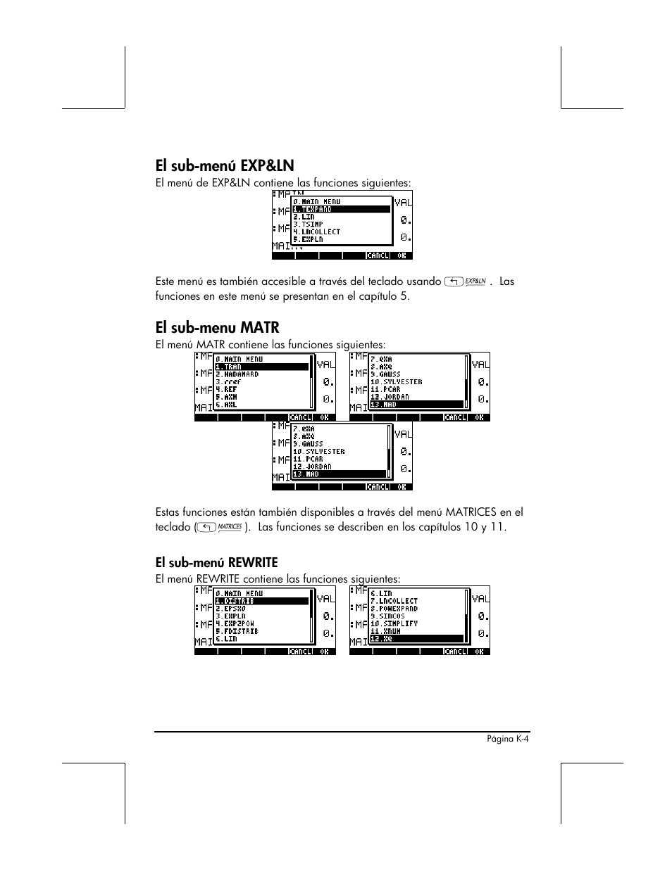 El sub-menú exp&ln, El sub-menu matr | HP 48gII Graphing Calculator User Manual | Page 862 / 892