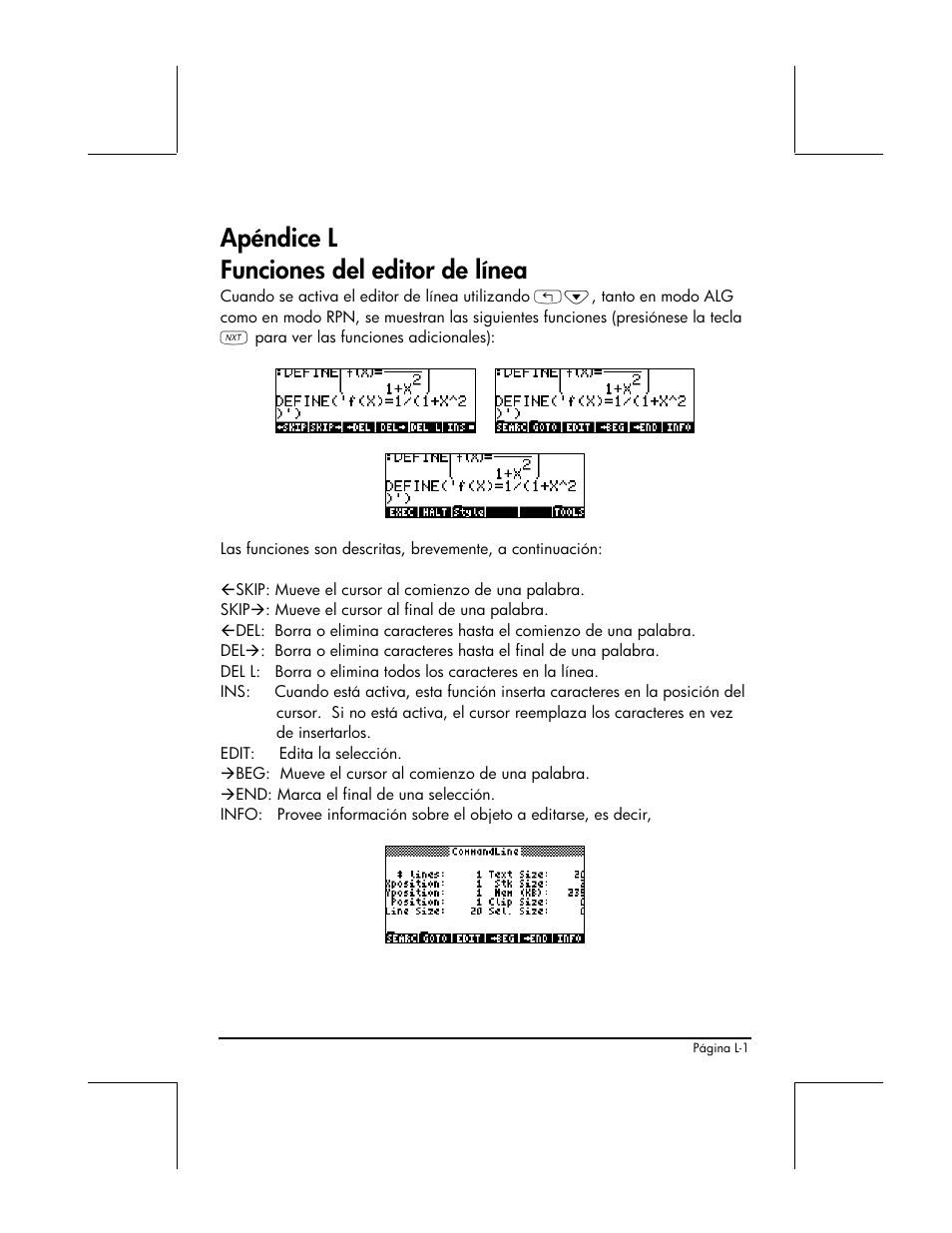 Apendice l - funciones del editor de linea, Apéndice l funciones del editor de línea | HP 48gII Graphing Calculator User Manual | Page 864 / 892