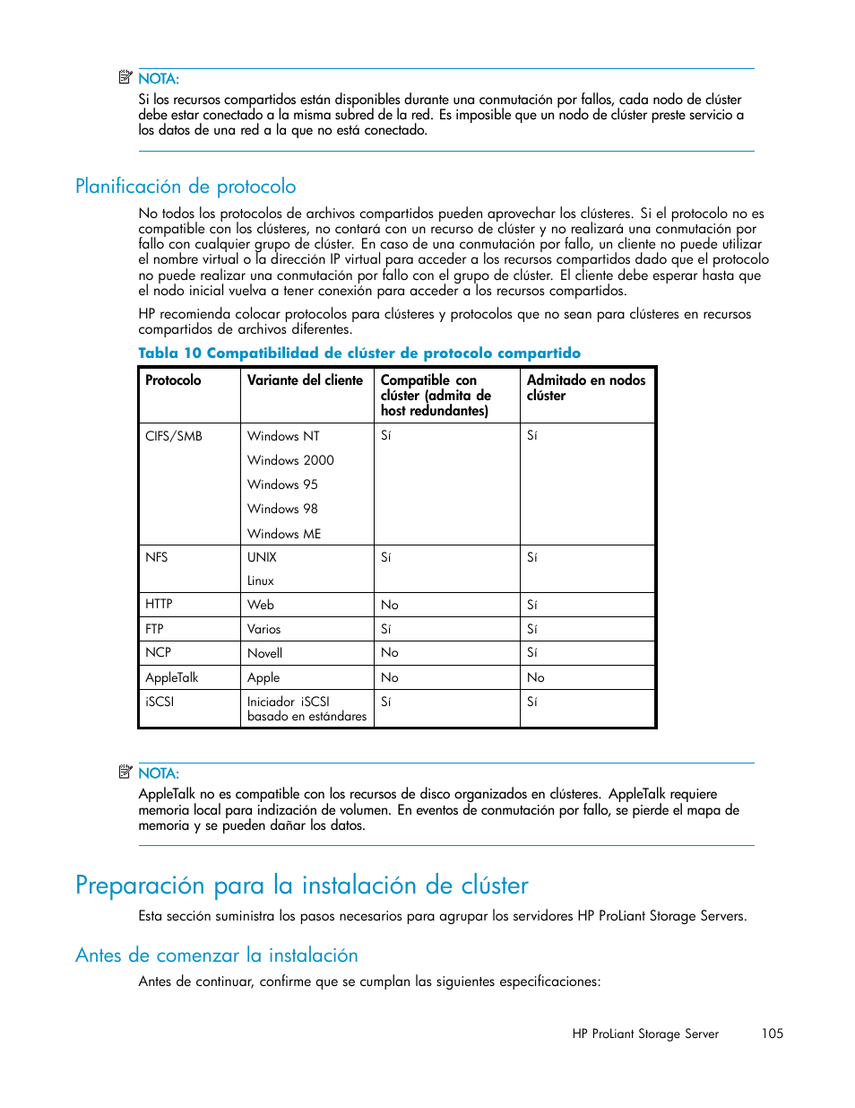 Preparación para la instalación de clúster, Planificación de protocolo, Antes de comenzar la instalación | HP Servidor de almacenamiento HP ProLiant DL320s User Manual | Page 105 / 152