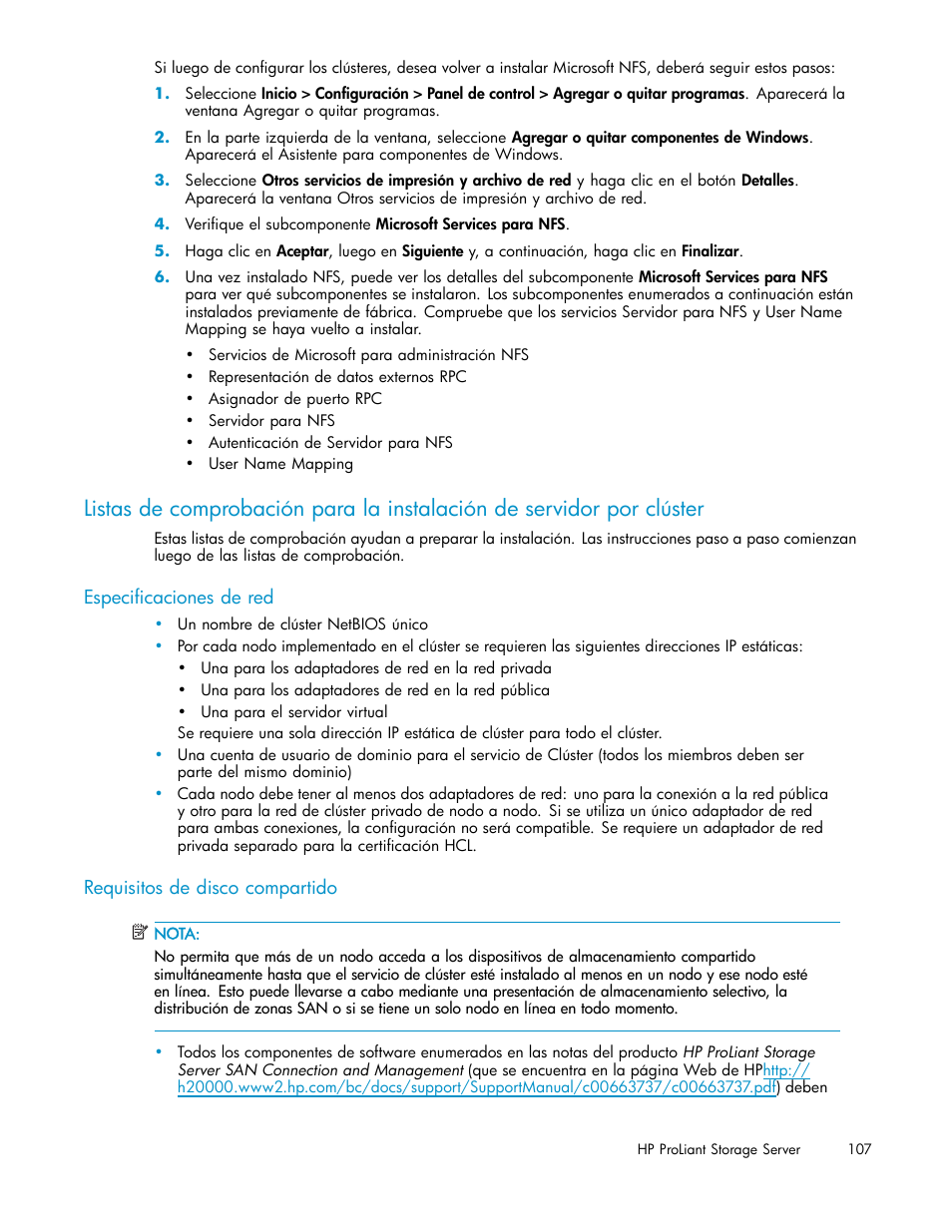 Especificaciones de red, Requisitos de disco compartido | HP Servidor de almacenamiento HP ProLiant DL320s User Manual | Page 107 / 152