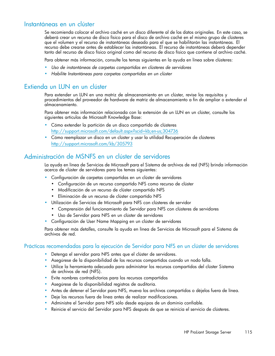 Instantáneas en un clúster, Extienda un lun en un clúster, Administración d | HP Servidor de almacenamiento HP ProLiant DL320s User Manual | Page 115 / 152