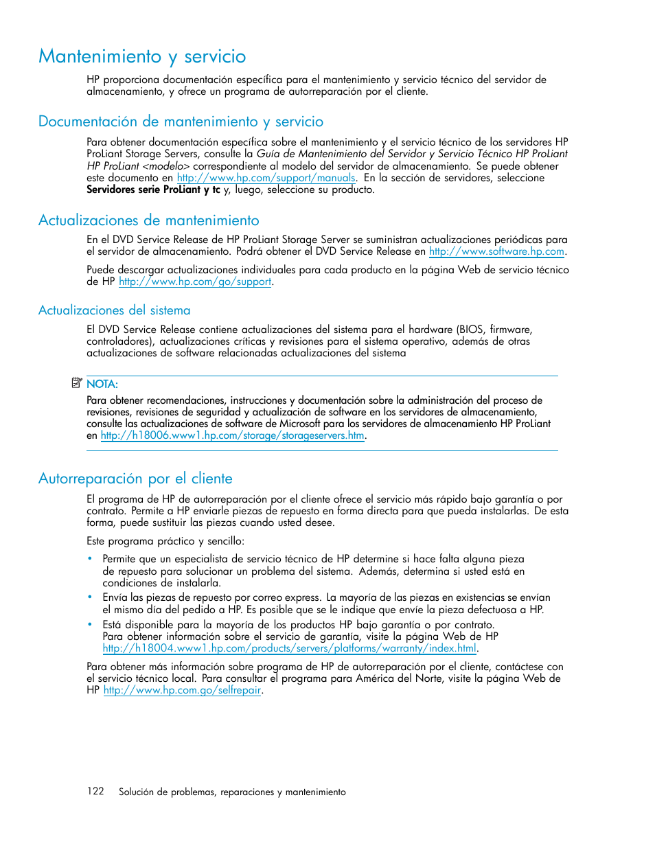 Mantenimiento y servicio, Documentación de mantenimiento y servicio, Actualizaciones de mantenimiento | Actualizaciones del sistema, Autorreparación por el cliente | HP Servidor de almacenamiento HP ProLiant DL320s User Manual | Page 122 / 152