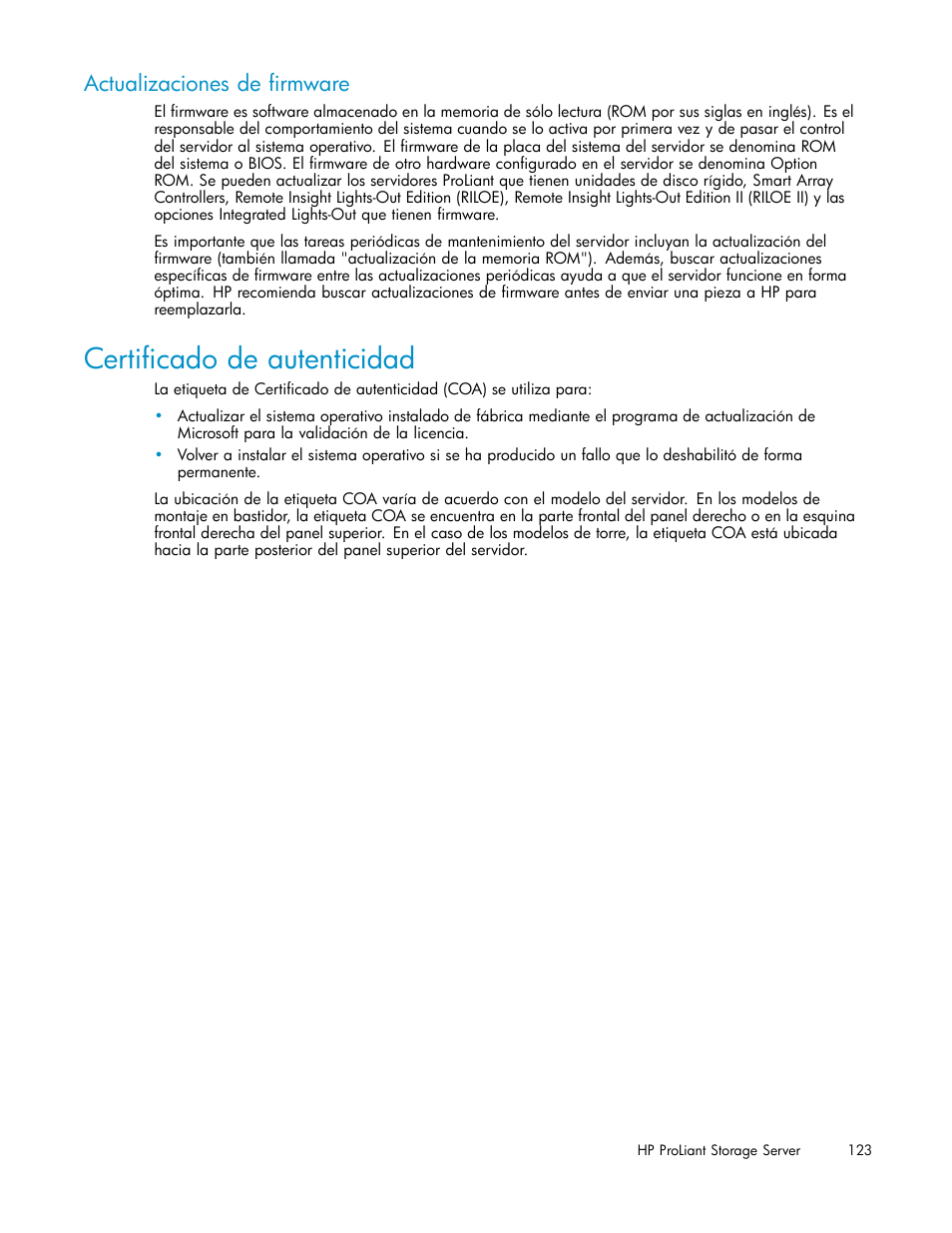 Certificado de autenticidad, Actualizaciones de firmware | HP Servidor de almacenamiento HP ProLiant DL320s User Manual | Page 123 / 152