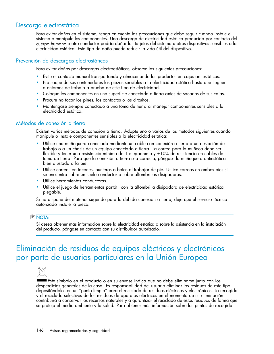 Descarga electrostática, Prevención de descargas electrostáticas, Métodos de conexión a tierra | Eliminación de res | HP Servidor de almacenamiento HP ProLiant DL320s User Manual | Page 146 / 152