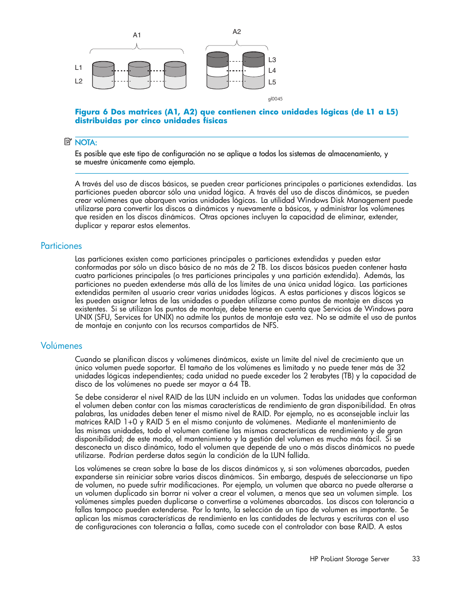 Particiones, Volúmenes, 6 dos matrices (a1 | HP Servidor de almacenamiento HP ProLiant DL320s User Manual | Page 33 / 152