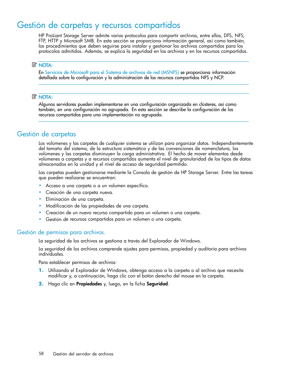 Gestión de carpetas y recursos compartidos, Gestión de carpetas | HP Servidor de almacenamiento HP ProLiant DL320s User Manual | Page 58 / 152