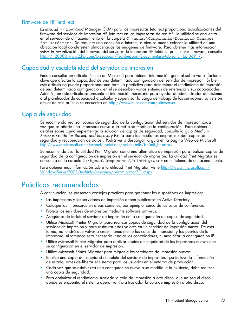 Prácticas recomendadas, Firmware de hp jetdirect, Copia de seguridad | HP Servidor de almacenamiento HP ProLiant DL320s User Manual | Page 73 / 152