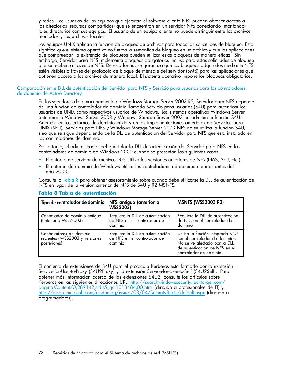 8 tabla de autenticación | HP Servidor de almacenamiento HP ProLiant DL320s User Manual | Page 78 / 152