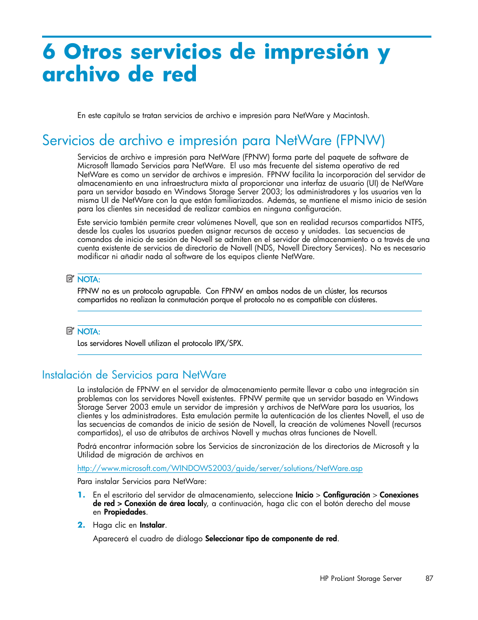 6 otros servicios de impresión y archivo de red, Instalación de servicios para netware | HP Servidor de almacenamiento HP ProLiant DL320s User Manual | Page 87 / 152