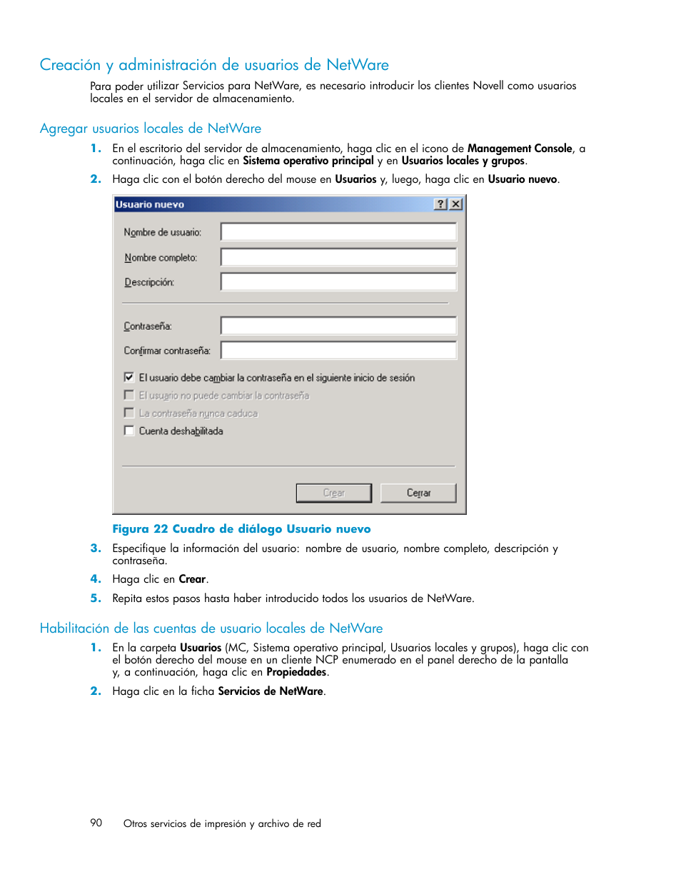 Creación y administración de usuarios de netware, Agregar usuarios locales de netware, 22 cuadro de diálogo usuario nuevo | HP Servidor de almacenamiento HP ProLiant DL320s User Manual | Page 90 / 152