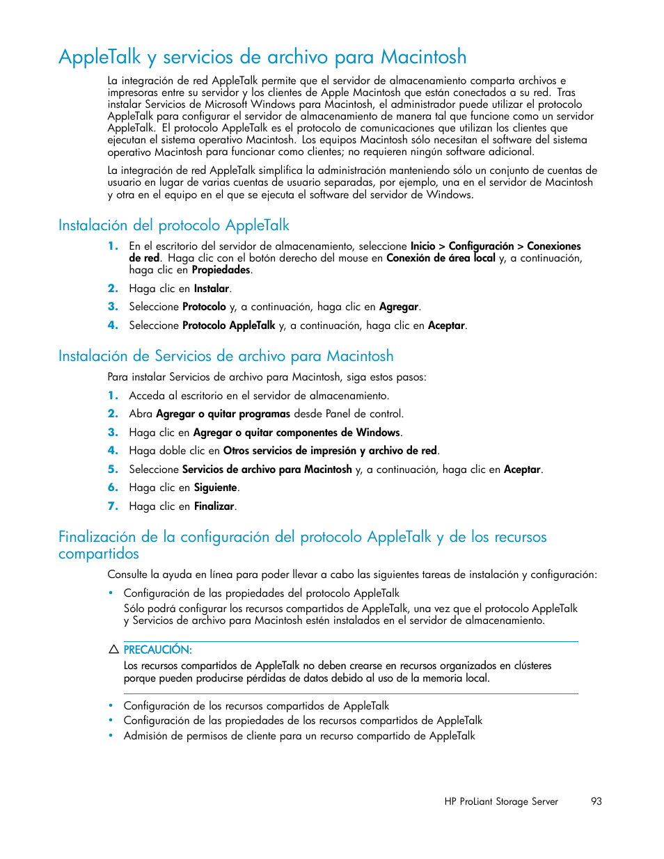 Appletalk y servicios de archivo para macintosh, Instalación del protocolo appletalk, Instalación de servicios de archivo para macintosh | HP Servidor de almacenamiento HP ProLiant DL320s User Manual | Page 93 / 152