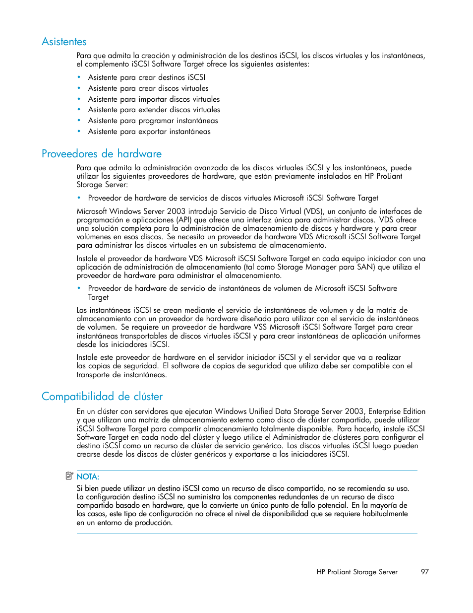 Asistentes, Proveedores de hardware, Compatibilidad de clúster | HP Servidor de almacenamiento HP ProLiant DL320s User Manual | Page 97 / 152