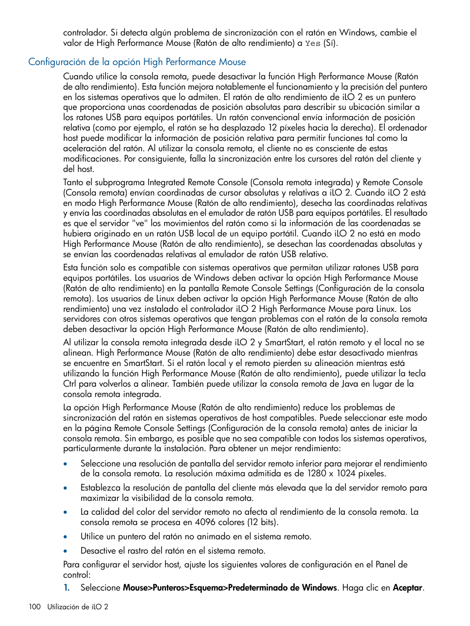 Configuración de la opción high performance mouse | HP Integrated Lights-Out 2 User Manual | Page 100 / 250