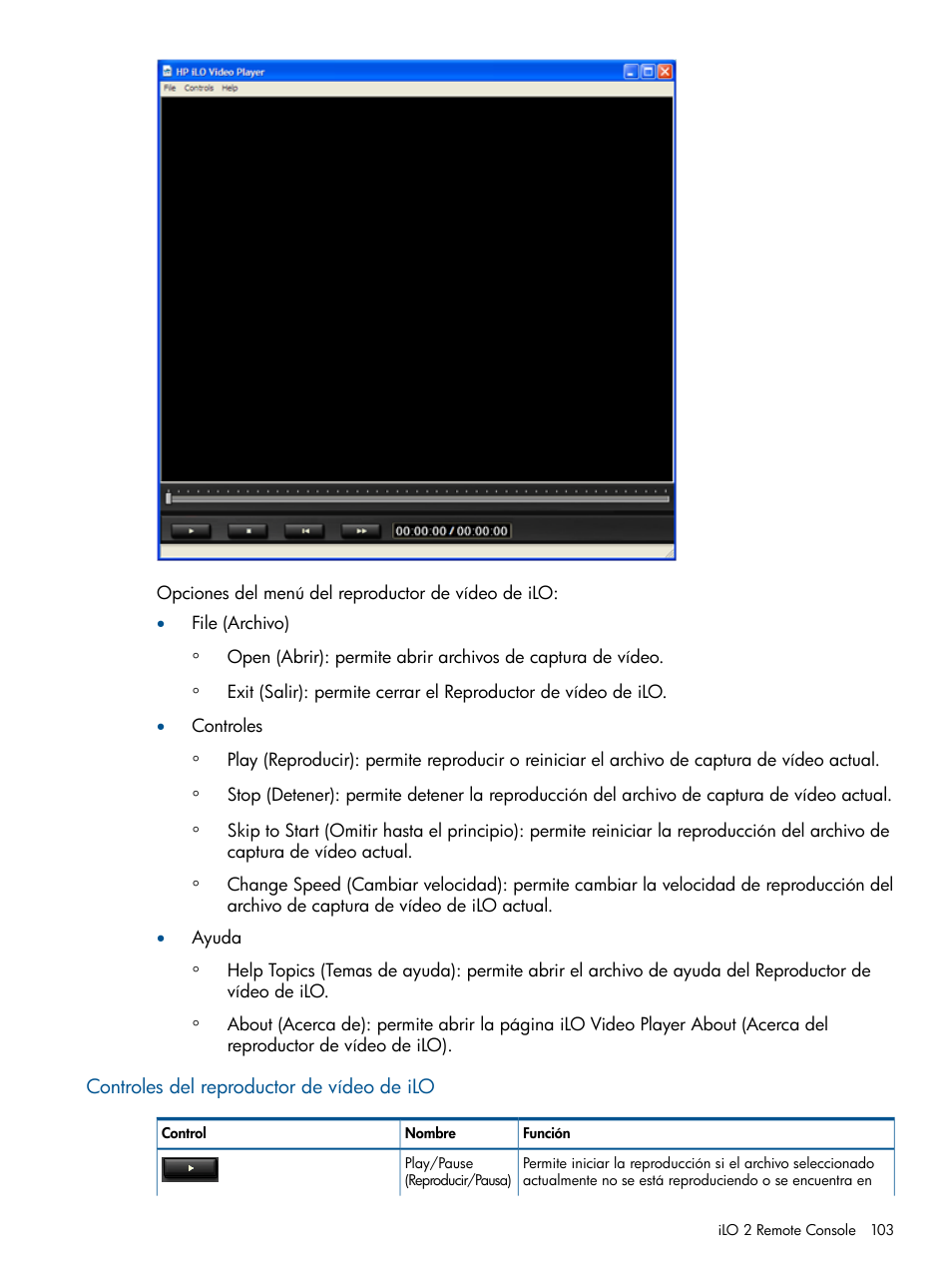 Controles del reproductor de vídeo de ilo | HP Integrated Lights-Out 2 User Manual | Page 103 / 250