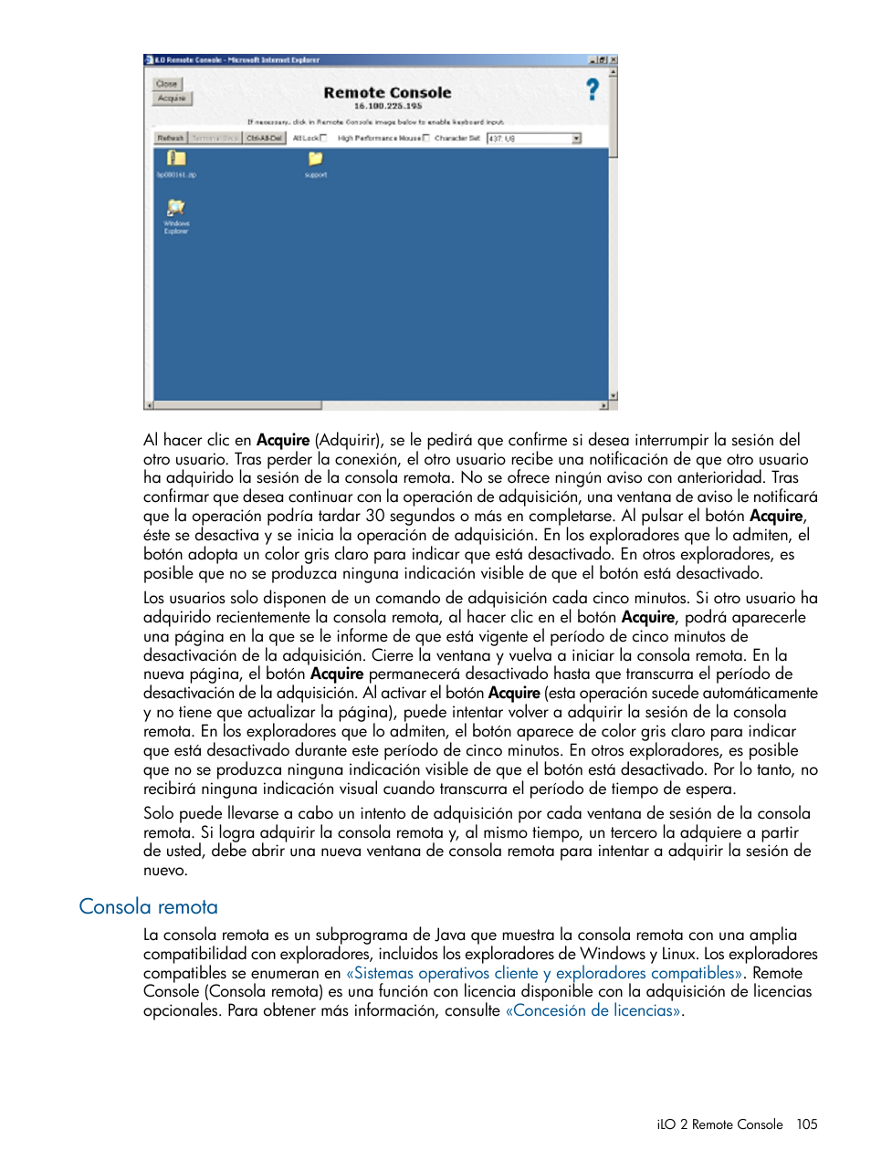 Consola remota | HP Integrated Lights-Out 2 User Manual | Page 105 / 250