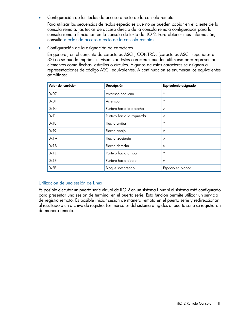 Utilización de una sesión de linux | HP Integrated Lights-Out 2 User Manual | Page 111 / 250