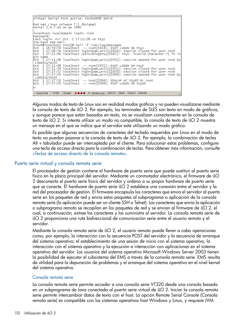 Puerto serie virtual y consola remota serie, Consola remota serie | HP Integrated Lights-Out 2 User Manual | Page 112 / 250