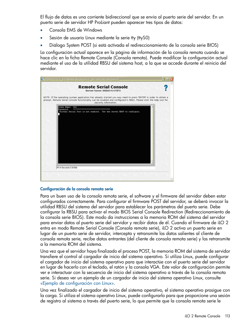 Configuración de la consola remota serie | HP Integrated Lights-Out 2 User Manual | Page 113 / 250