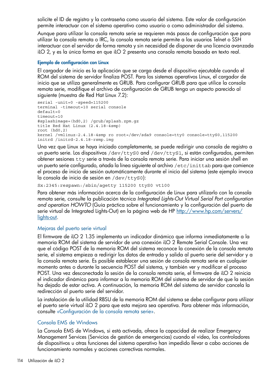 Ejemplo de configuración con linux, Mejoras del puerto serie virtual, Consola ems de windows | HP Integrated Lights-Out 2 User Manual | Page 114 / 250