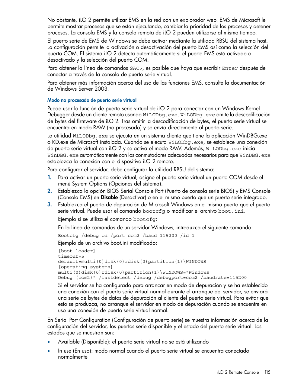 Modo no procesado de puerto serie virtual | HP Integrated Lights-Out 2 User Manual | Page 115 / 250