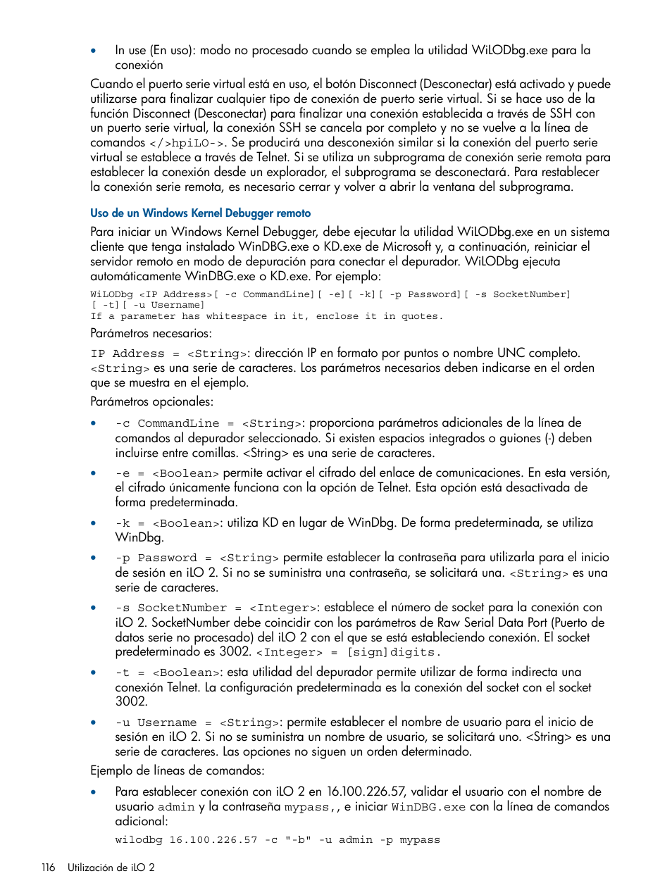 Uso de un windows kernel debugger remoto | HP Integrated Lights-Out 2 User Manual | Page 116 / 250