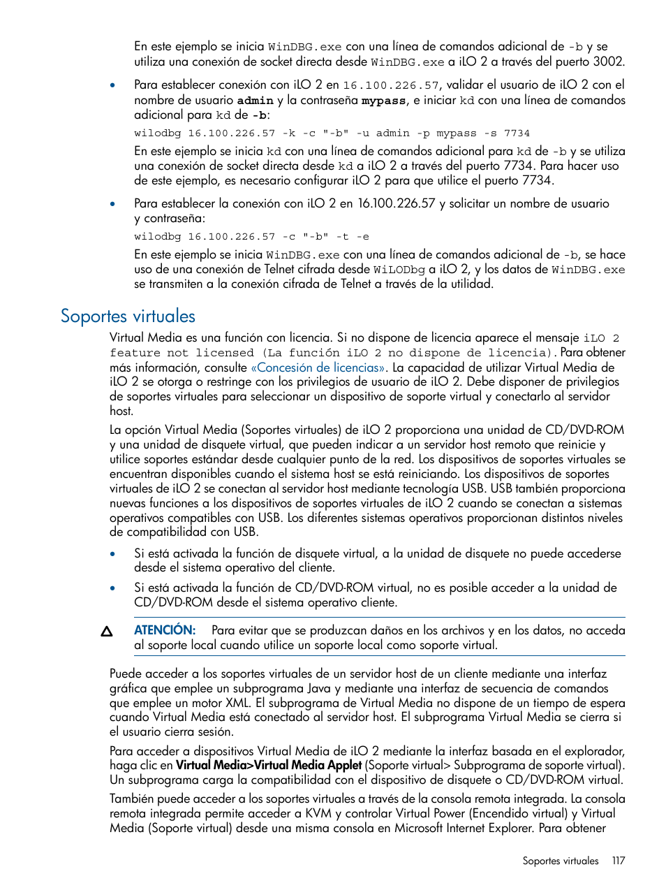 Soportes virtuales | HP Integrated Lights-Out 2 User Manual | Page 117 / 250