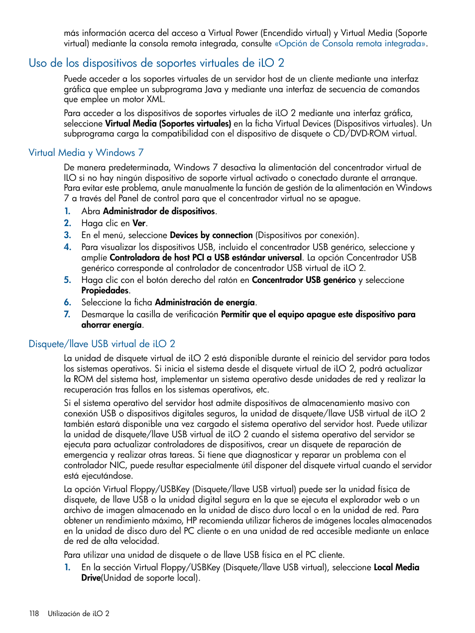 Virtual media y windows 7, Disquete/llave usb virtual de ilo 2 | HP Integrated Lights-Out 2 User Manual | Page 118 / 250