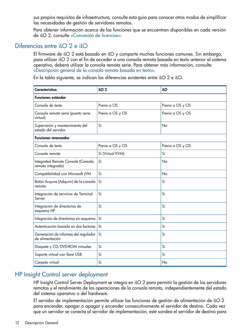 Diferencias entre ilo 2 e ilo, Hp insight control server deployment | HP Integrated Lights-Out 2 User Manual | Page 12 / 250