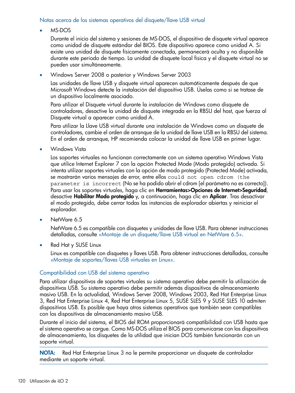 Compatibilidad con usb del sistema operativo | HP Integrated Lights-Out 2 User Manual | Page 120 / 250