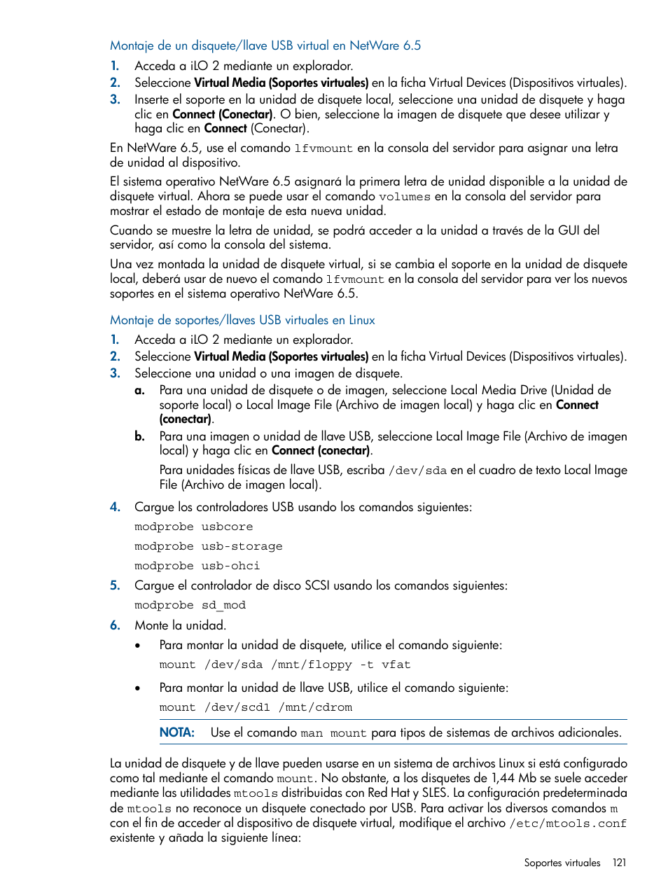 Montaje de soportes/llaves usb virtuales en linux | HP Integrated Lights-Out 2 User Manual | Page 121 / 250