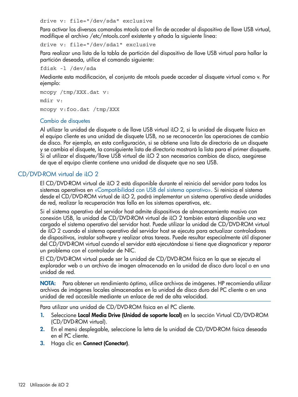 Cambio de disquetes, Cd/dvd-rom virtual de ilo 2 | HP Integrated Lights-Out 2 User Manual | Page 122 / 250