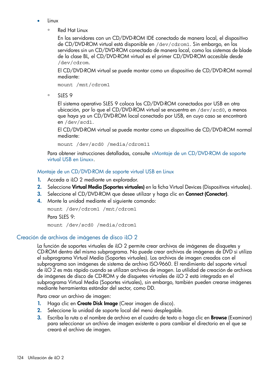 Creación de archivos de imágenes de disco ilo 2 | HP Integrated Lights-Out 2 User Manual | Page 124 / 250