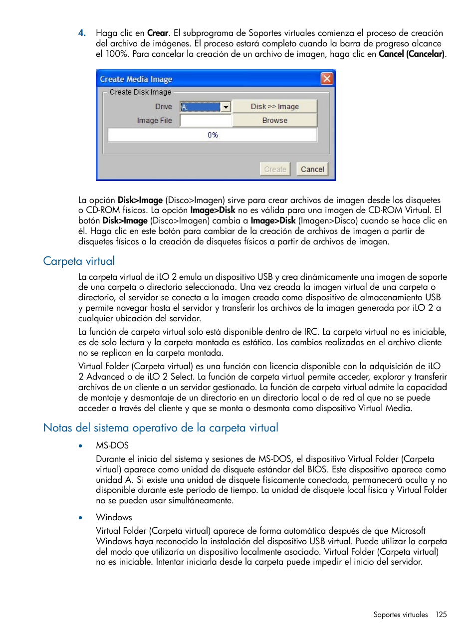 Carpeta virtual, Notas del sistema operativo de la carpeta virtual | HP Integrated Lights-Out 2 User Manual | Page 125 / 250