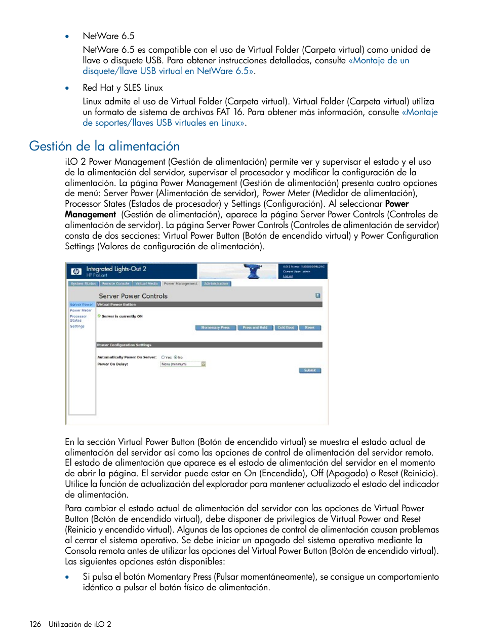 Gestión de la alimentación | HP Integrated Lights-Out 2 User Manual | Page 126 / 250