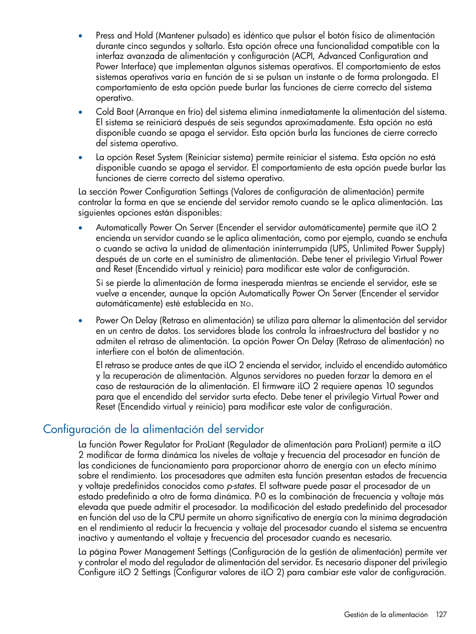 Configuración de la alimentación del servidor | HP Integrated Lights-Out 2 User Manual | Page 127 / 250