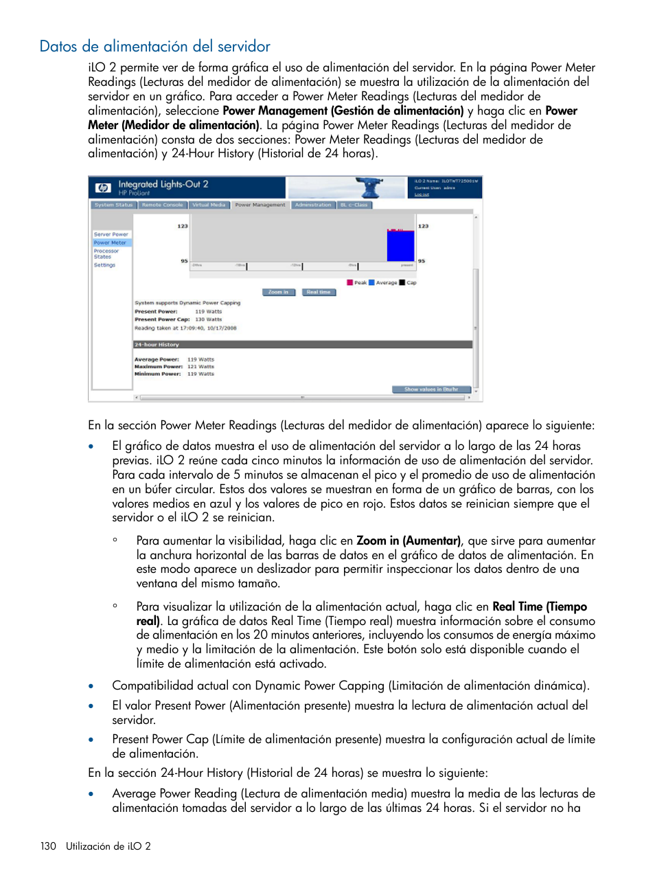 Datos de alimentación del servidor | HP Integrated Lights-Out 2 User Manual | Page 130 / 250