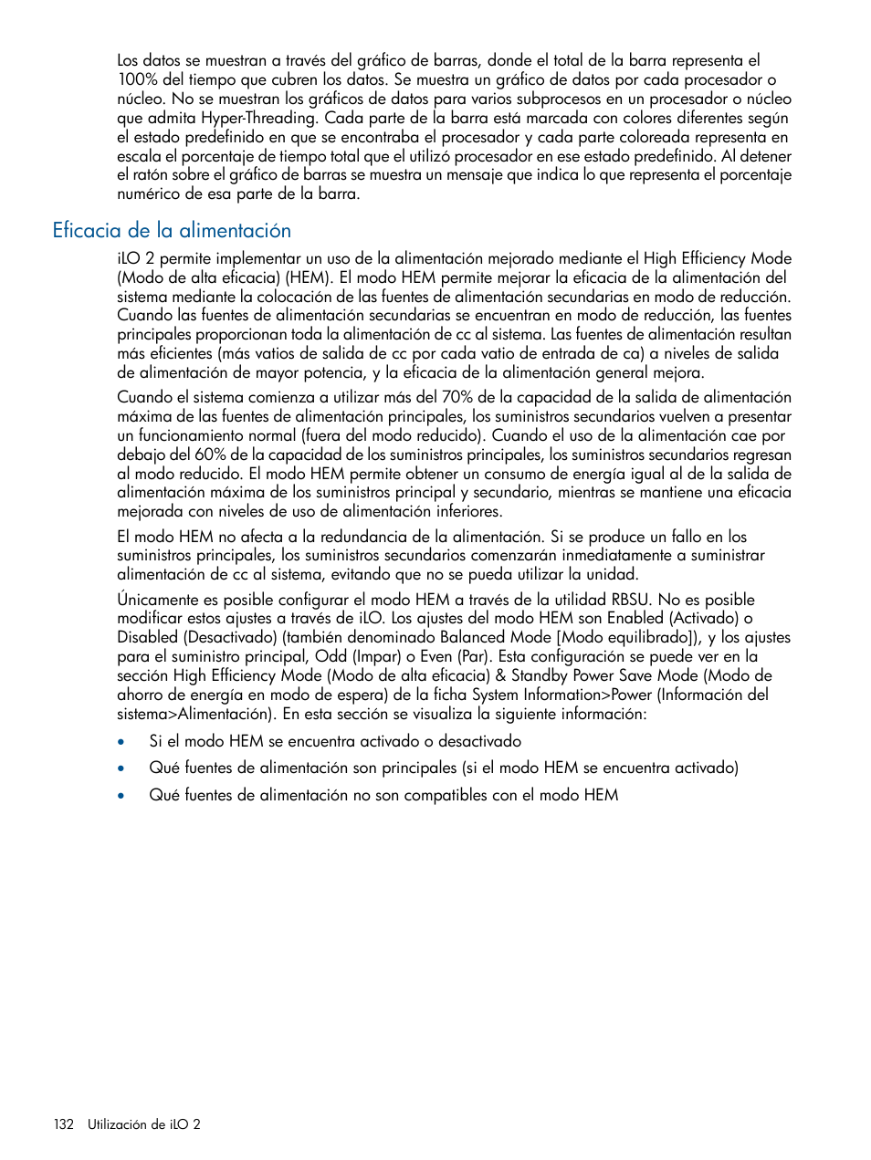 Eficacia de la alimentación | HP Integrated Lights-Out 2 User Manual | Page 132 / 250