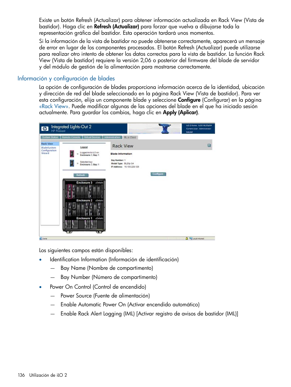 Información y configuración de blades | HP Integrated Lights-Out 2 User Manual | Page 136 / 250