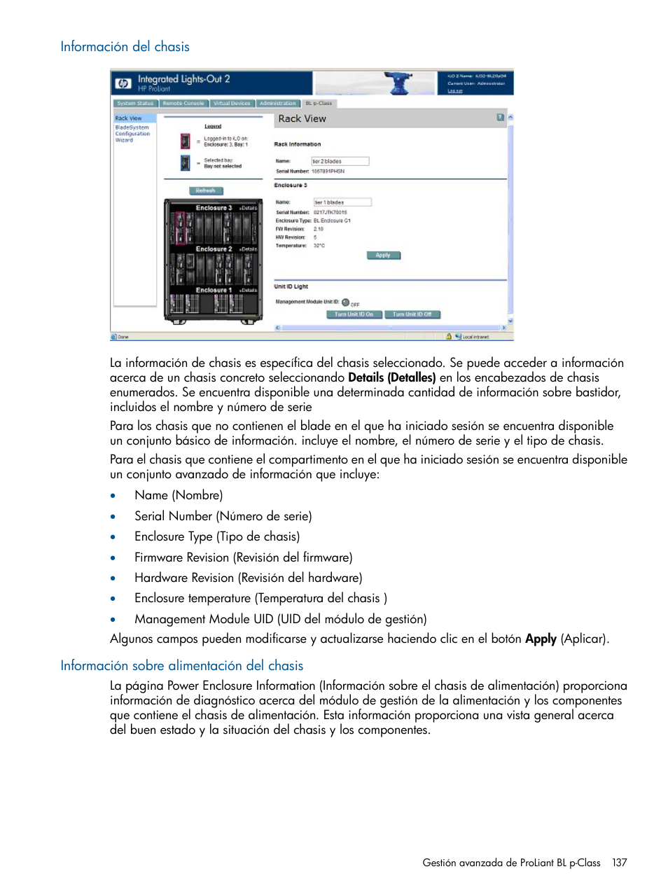 Información del chasis, Información sobre alimentación del chasis | HP Integrated Lights-Out 2 User Manual | Page 137 / 250