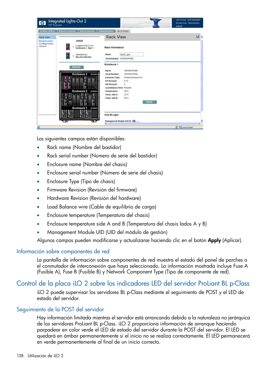 Información sobre componentes de red, Seguimiento de la post del servidor | HP Integrated Lights-Out 2 User Manual | Page 138 / 250