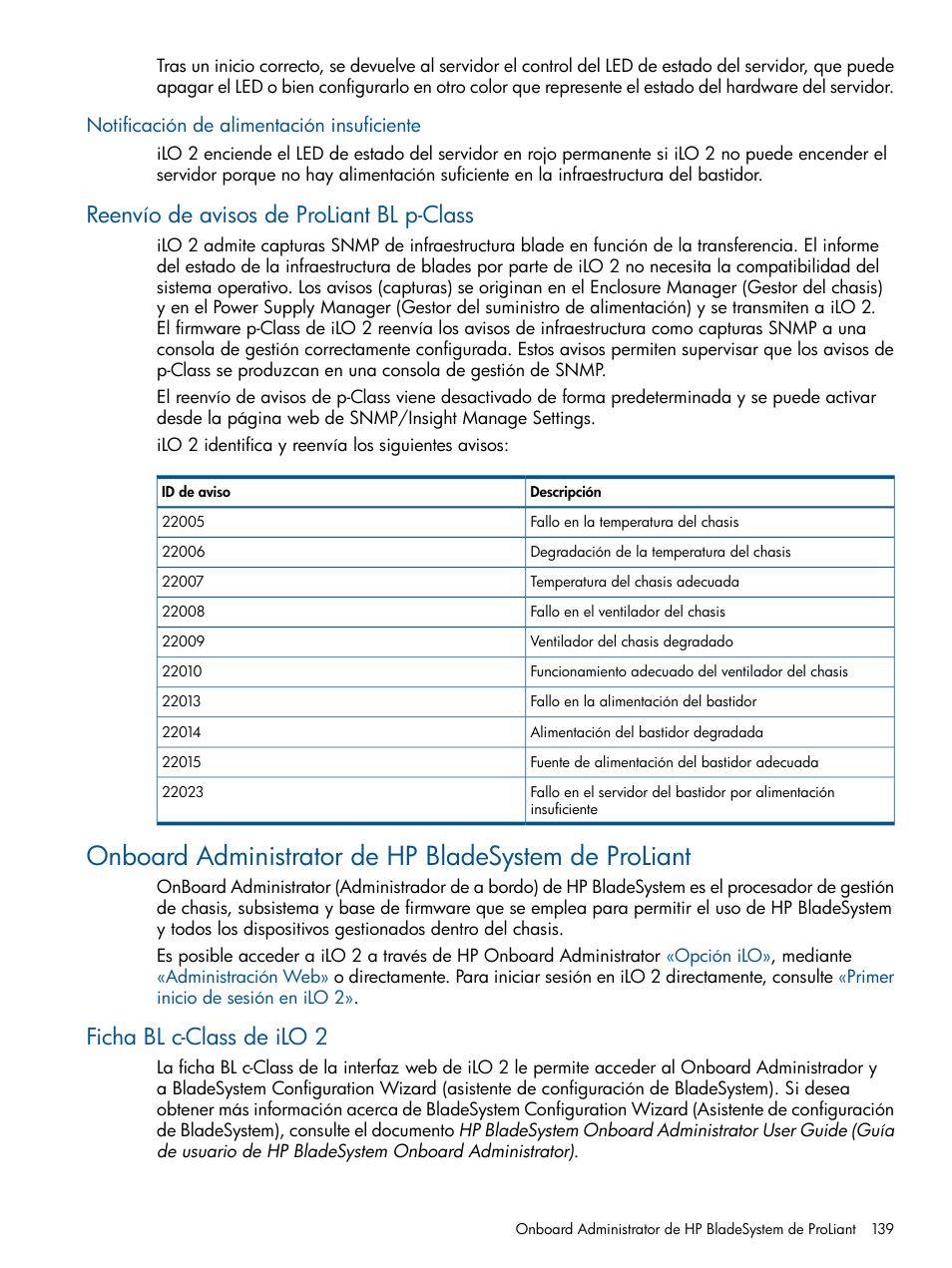 Notificación de alimentación insuficiente, Reenvío de avisos de proliant bl p-class, Ficha bl c-class de ilo 2 | HP Integrated Lights-Out 2 User Manual | Page 139 / 250